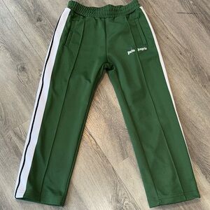 Palm Angels Kids Green Track Pants with White Side Stripes and Black Trim
